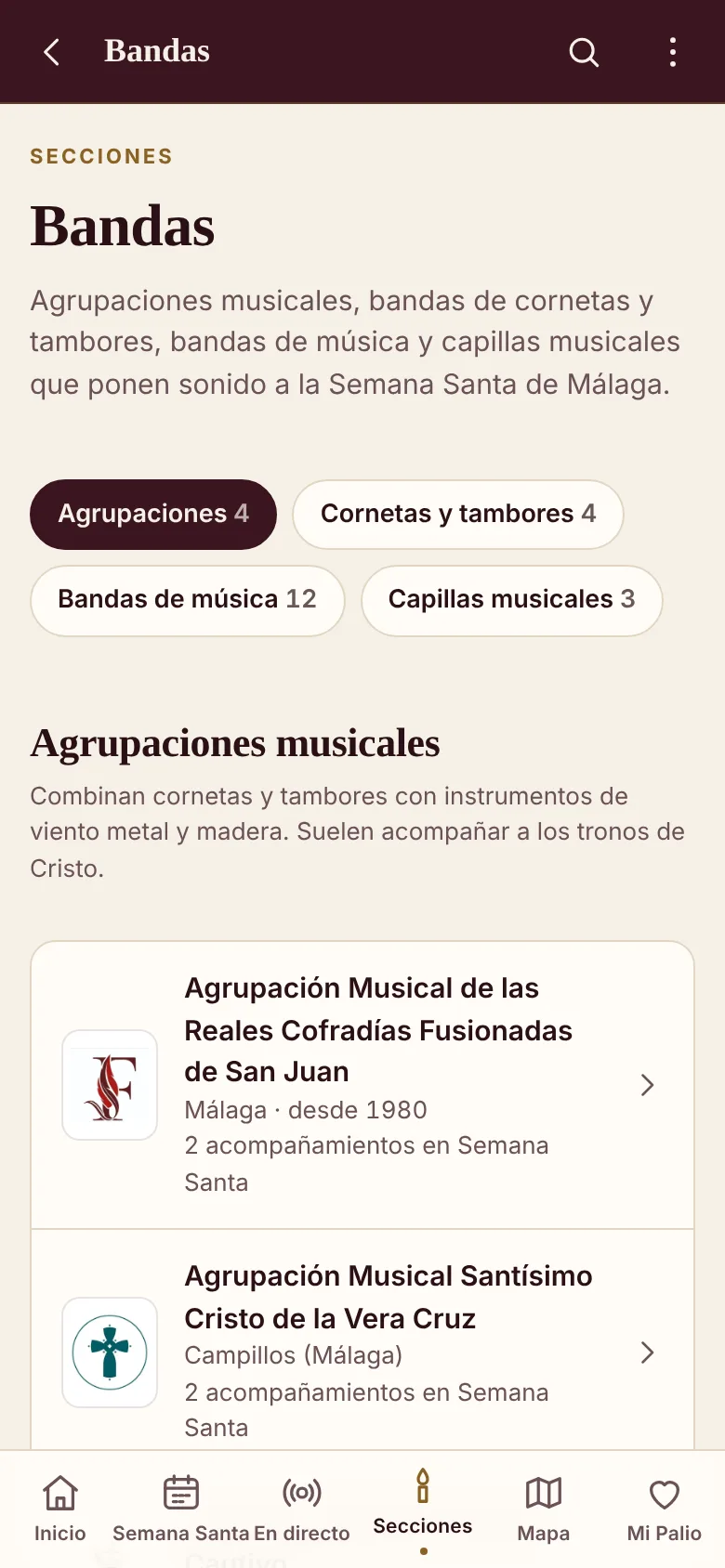 Pantalla Bandas de Palio App