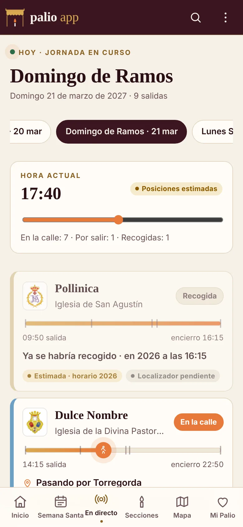 Pantalla En directo de Palio App