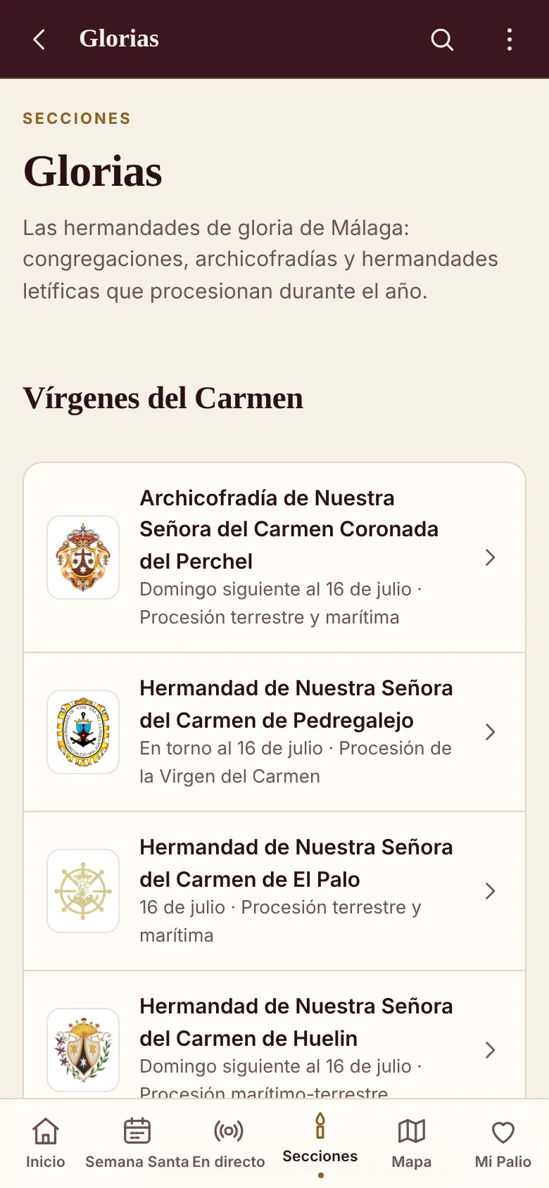 Pantalla Glorias de Palio App