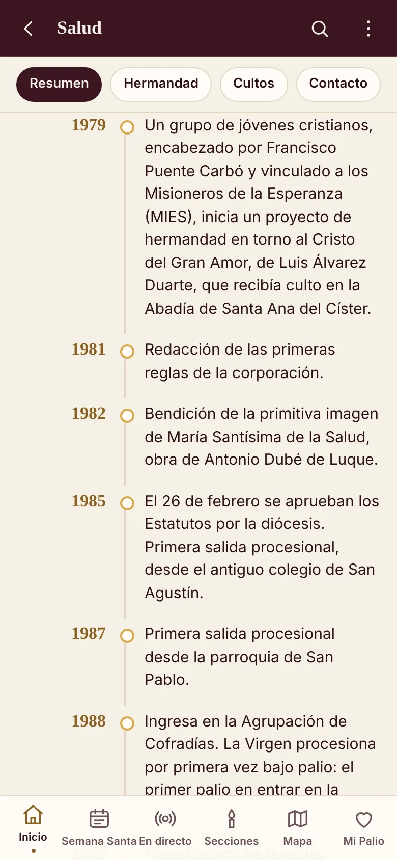 Pantalla Historia de Palio App