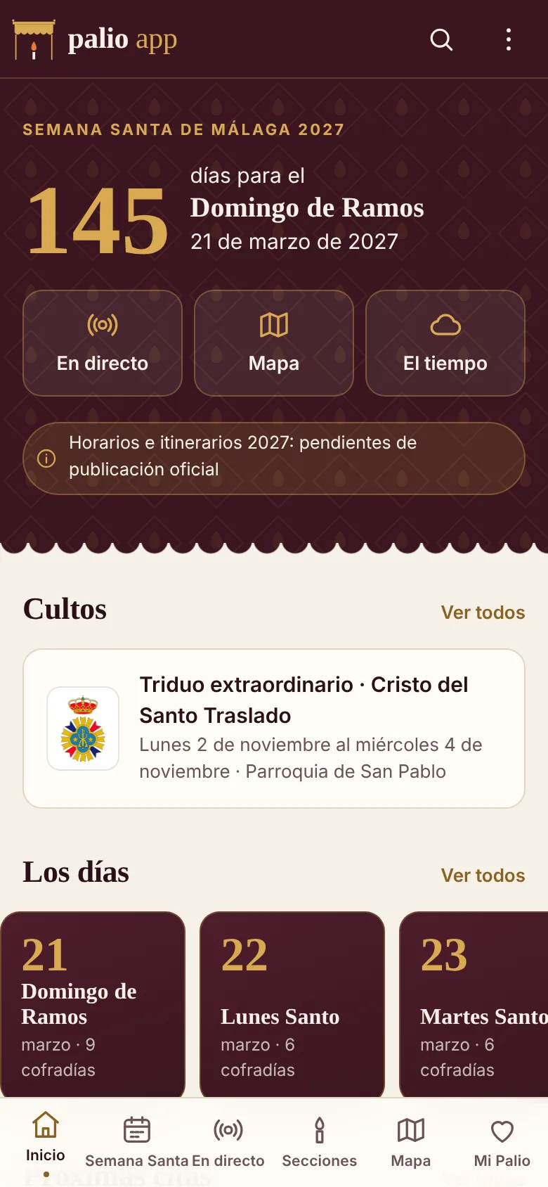 Pantalla Inicio de Palio App